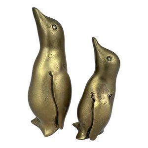 Vintage Solid Brass Mom & Baby Penguin Figurine Set of 2 Made Korea 5.25" & 4.25